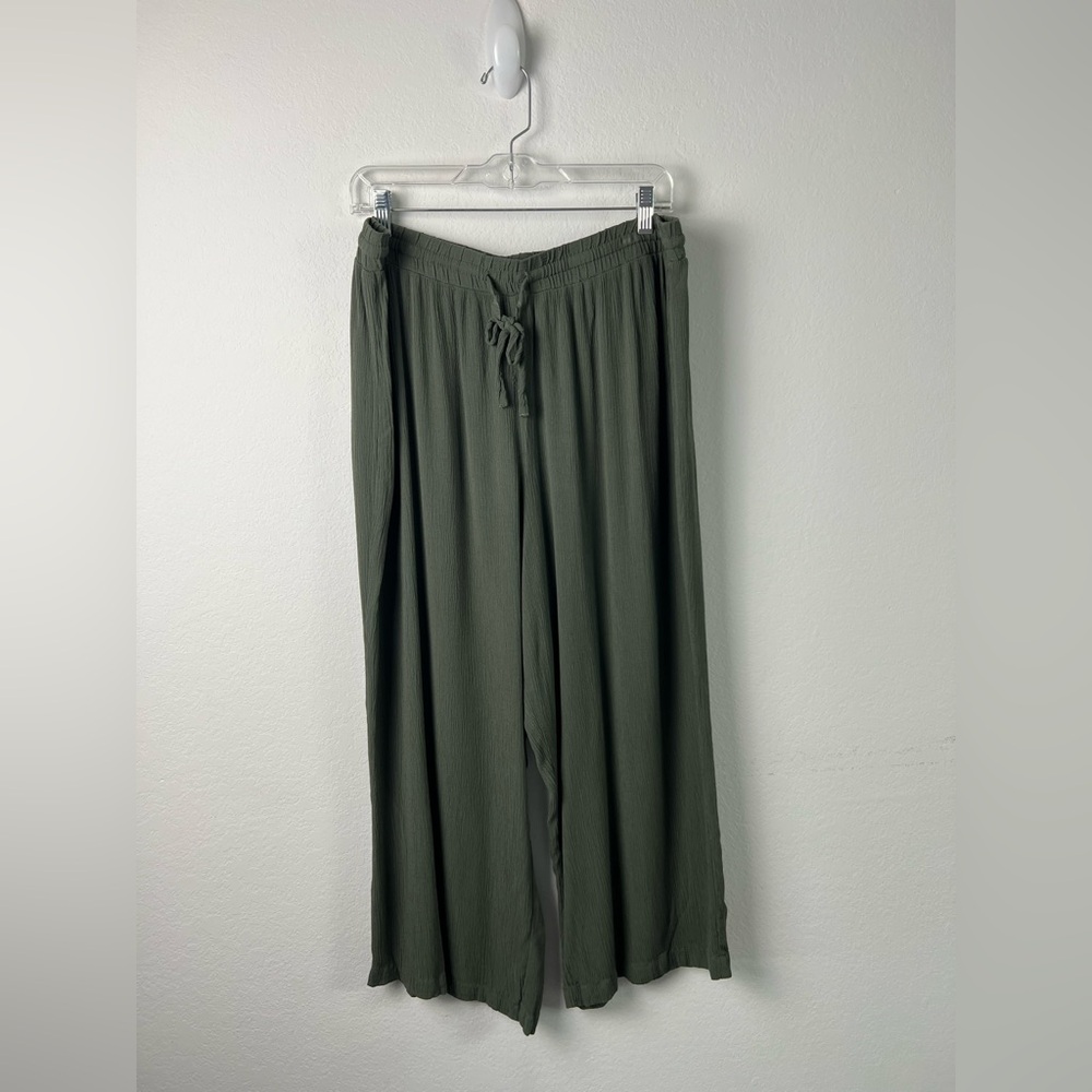 Robert Louis Rayon Olive Green Wide Leg Ankle Drawstring Gauzy Textured Pants
